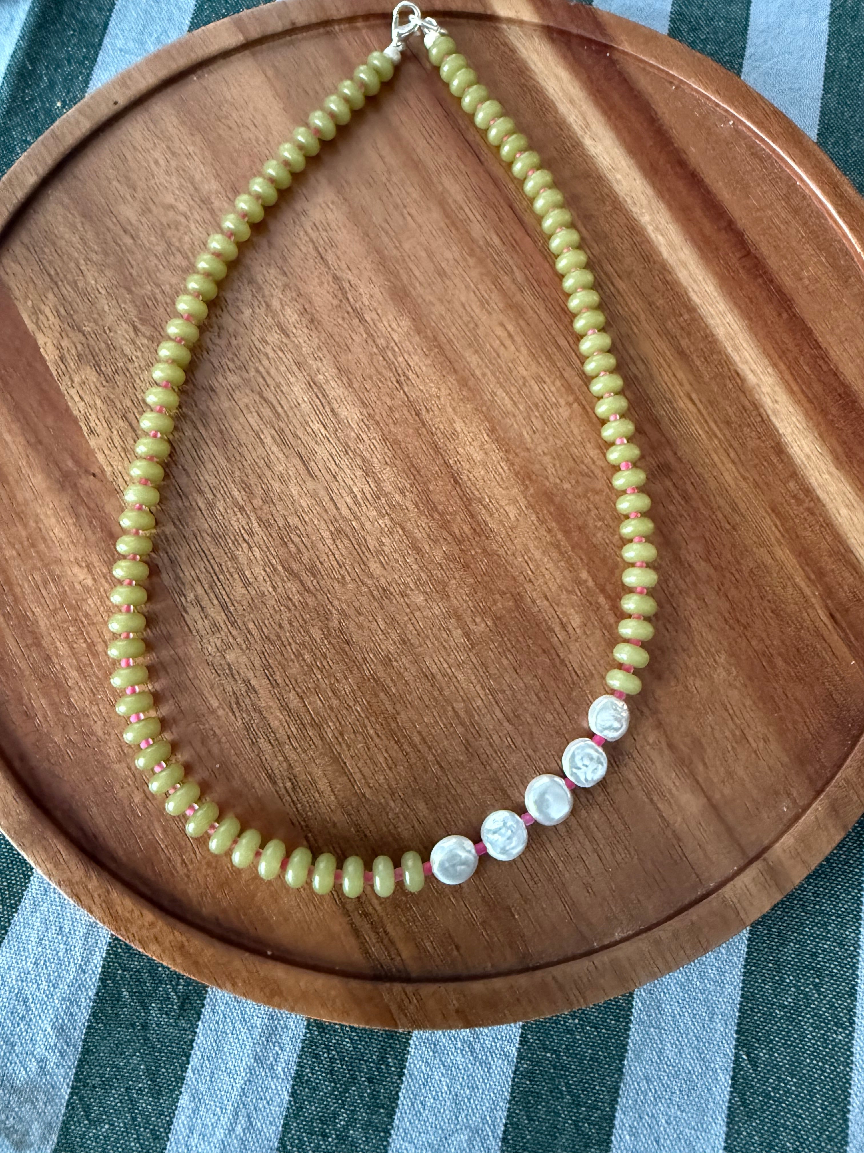 Olive - Olive & Pink Pearl Disc Necklace