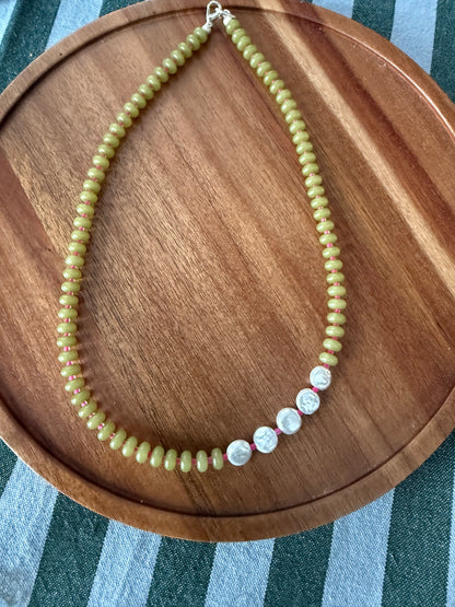 Olive - Olive & Pink Pearl Disc Necklace