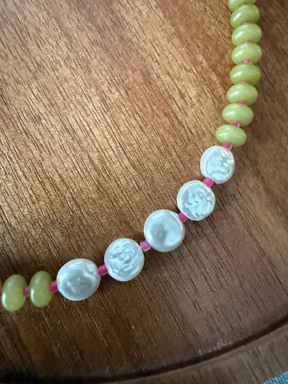 Olive - Olive & Pink Pearl Disc Necklace